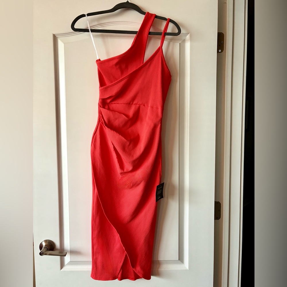 Lulus Just My Type Orange Ribbed Asymmetrical One-shoulder Dress - Size S - Picture 2 of 3